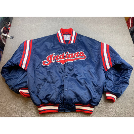 Genuine Men's Large Vintage Fit Navy Blue Red Indians Varsity Jacket Baseball