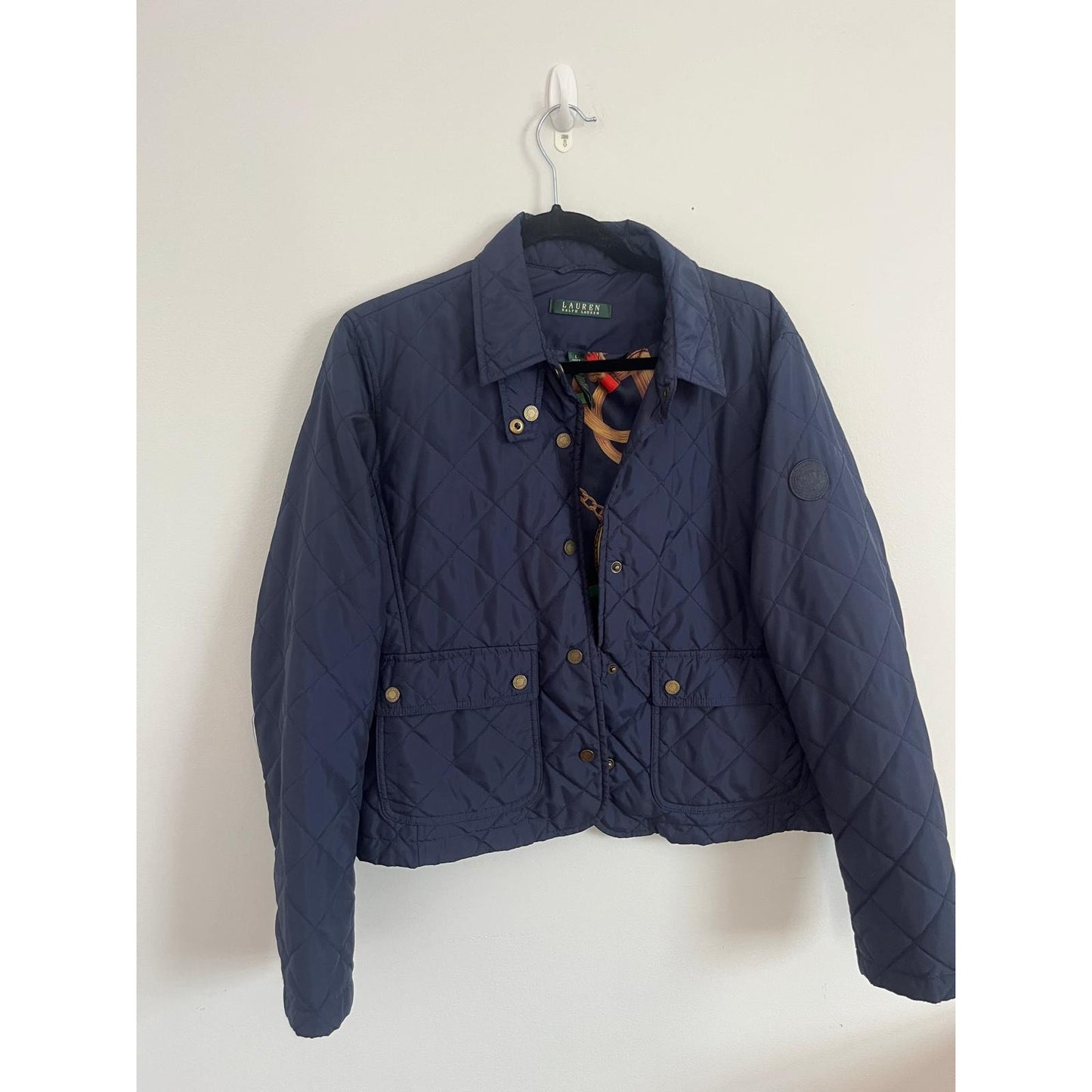 Lauren Ralph Lauren Jacket Women L Blue Quilted Equestrian Chain Liner