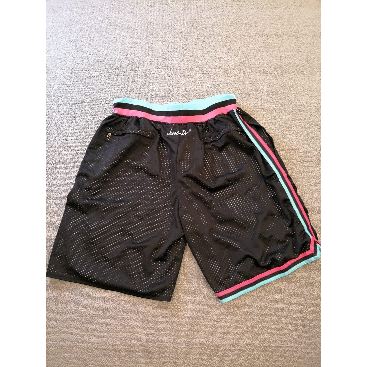 JUST DON Male M Black Mesh Basketball Shorts Stylish Blue Pink Trim Athletic Wear