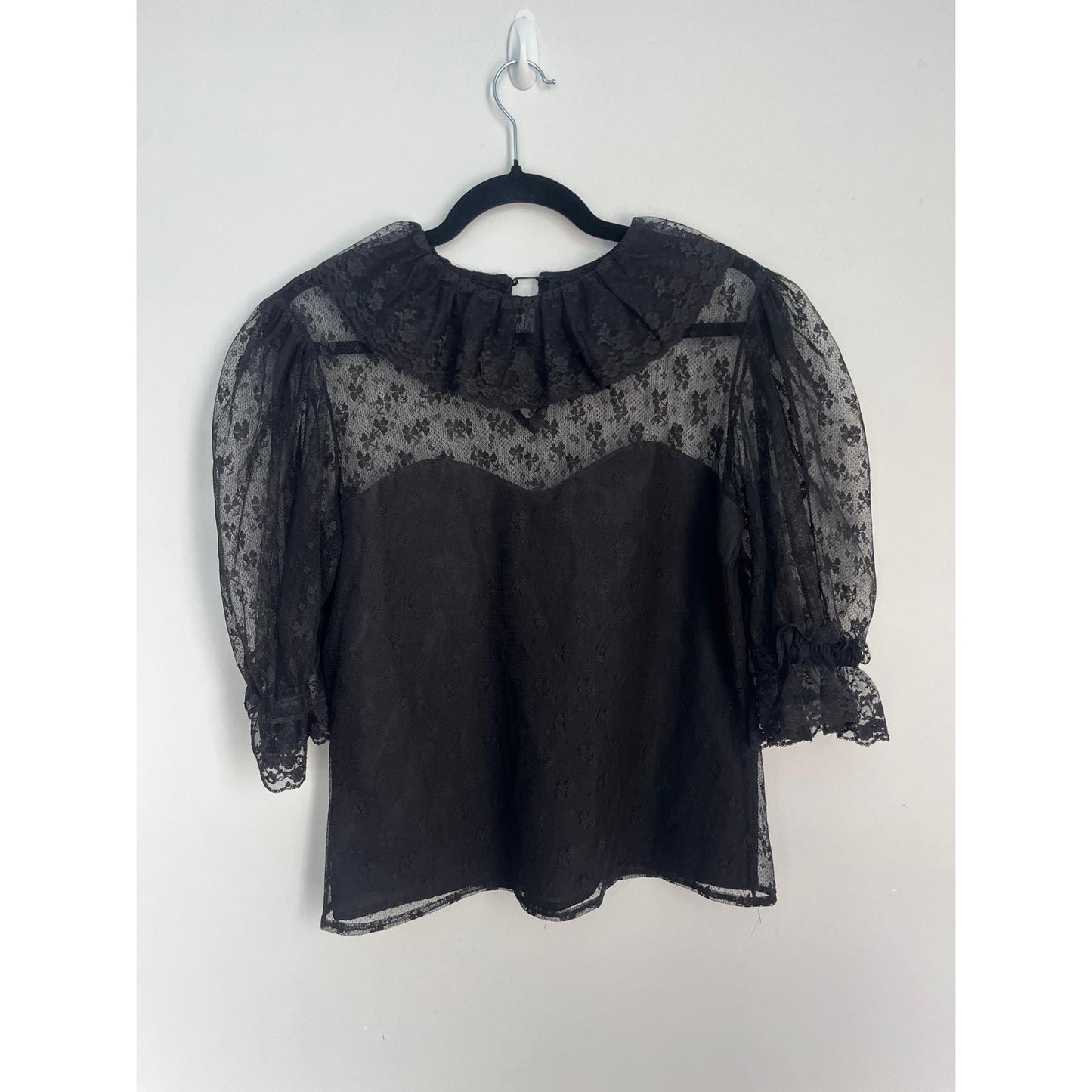 Jean for Joseph Le Bon Sheer Lace Blouse Women 8 Black Victorian Puff Sleeve