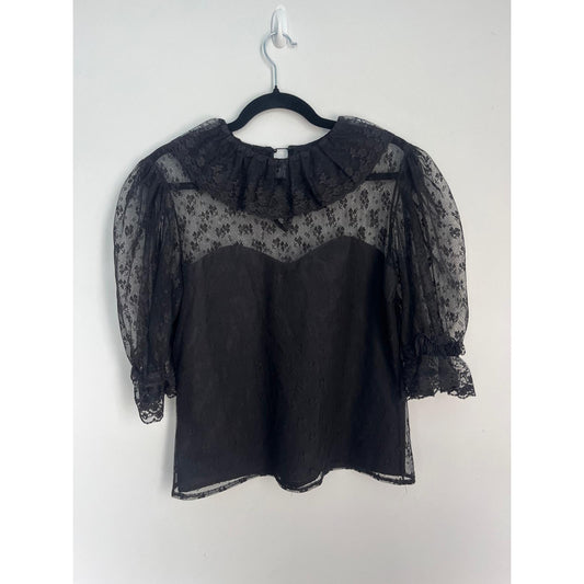 Jean for Joseph Le Bon Sheer Lace Blouse Women 8 Black Victorian Puff Sleeve