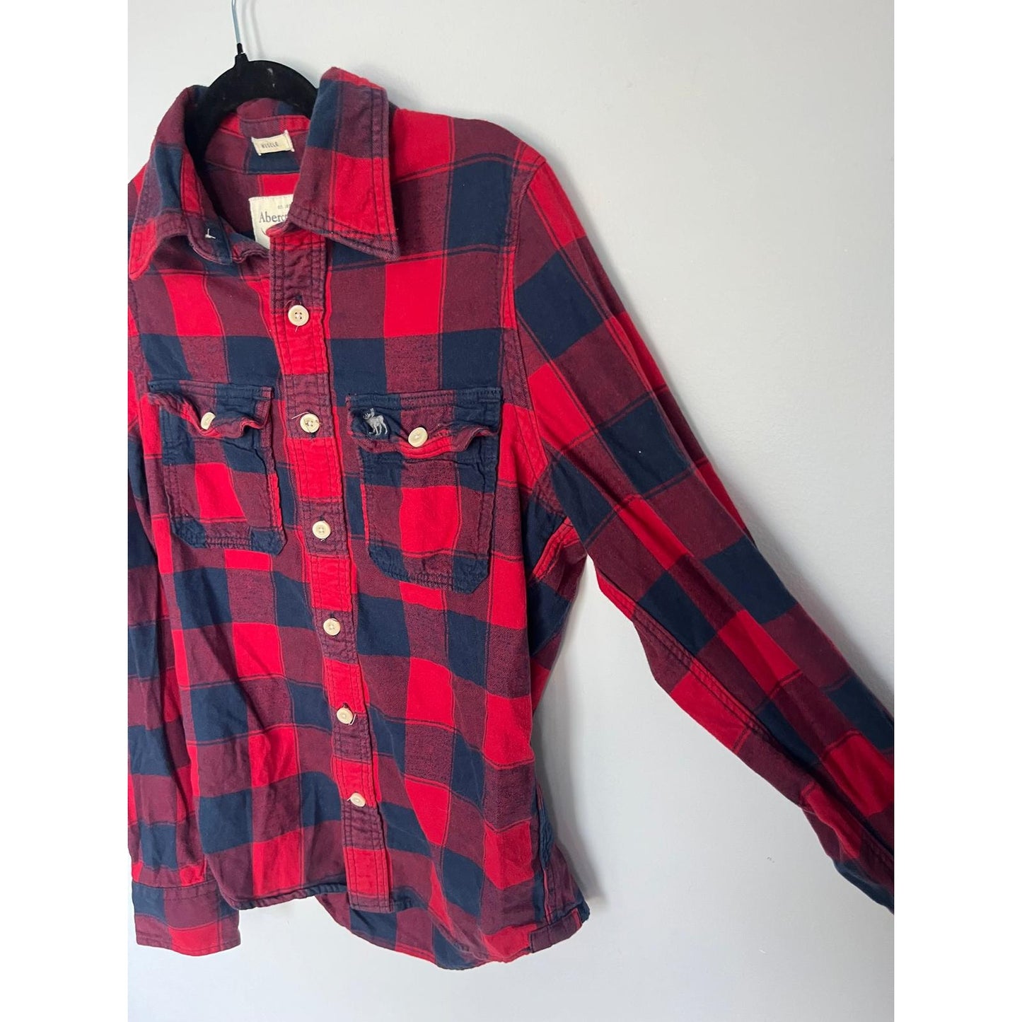 Abercrombie & Fitch Flannel Shirt Men S Red Black Plaid Long Sleeve Muscle Fit