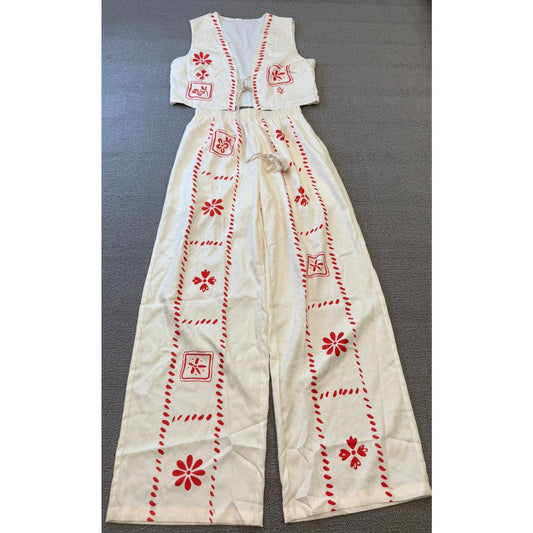White Red Patterned Co Ord Set Womens Small Vest Wide Leg Pants Polyester