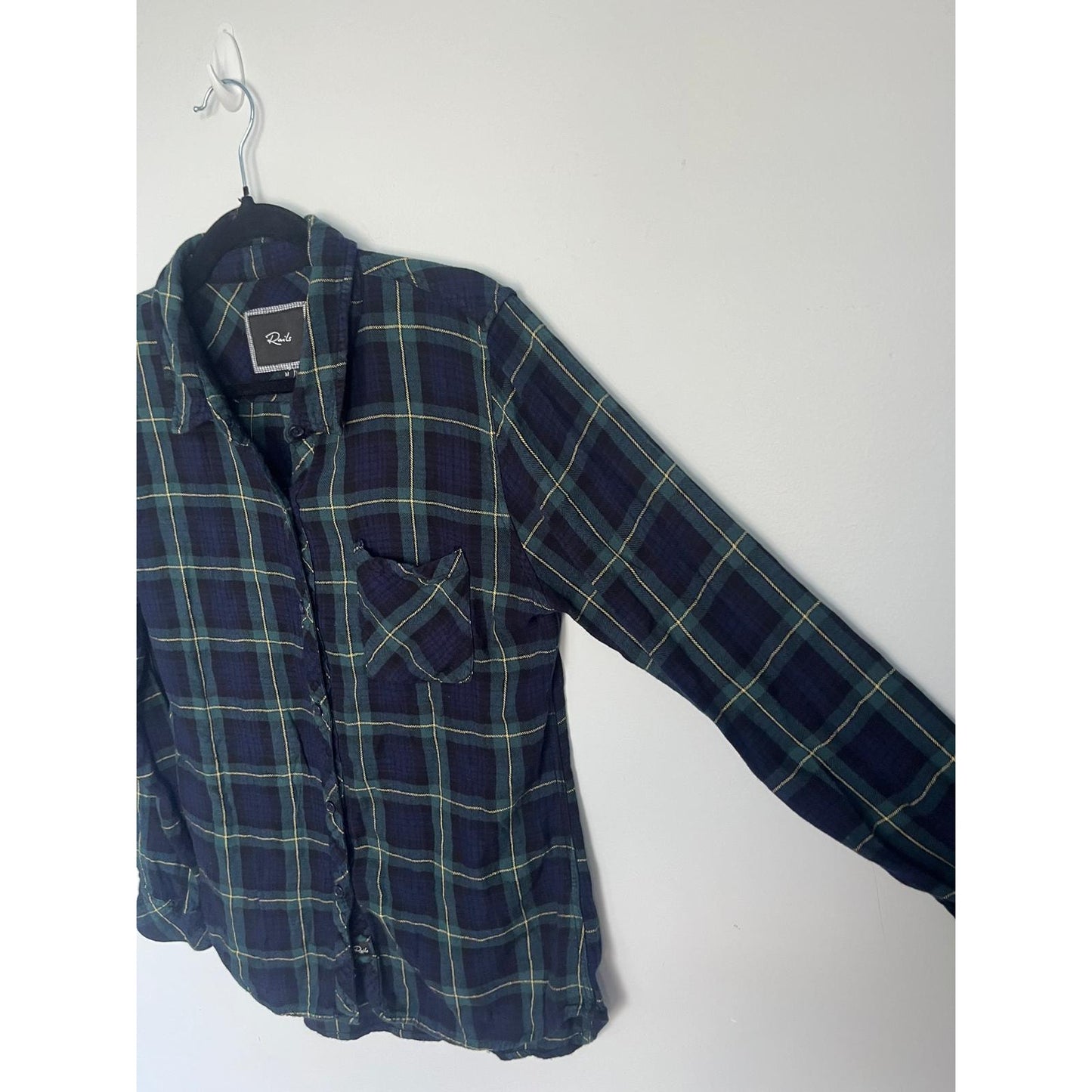 Rails Plaid Button Down Shirt Women M Navy Green Checkered Flannel