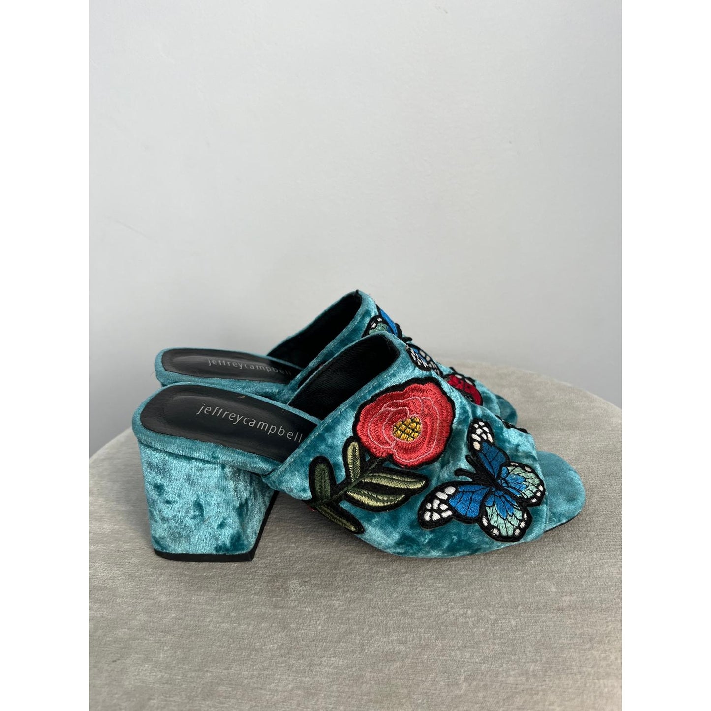 Jeffrey Campbell Velvet Embroidered Women 6 Blue Floral Butterfly Block Heel