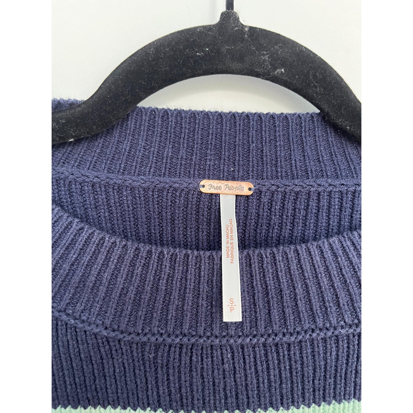 Free People Stripe Knit Cropped Sweater Women S Navy Green Pullover Boxy Fit