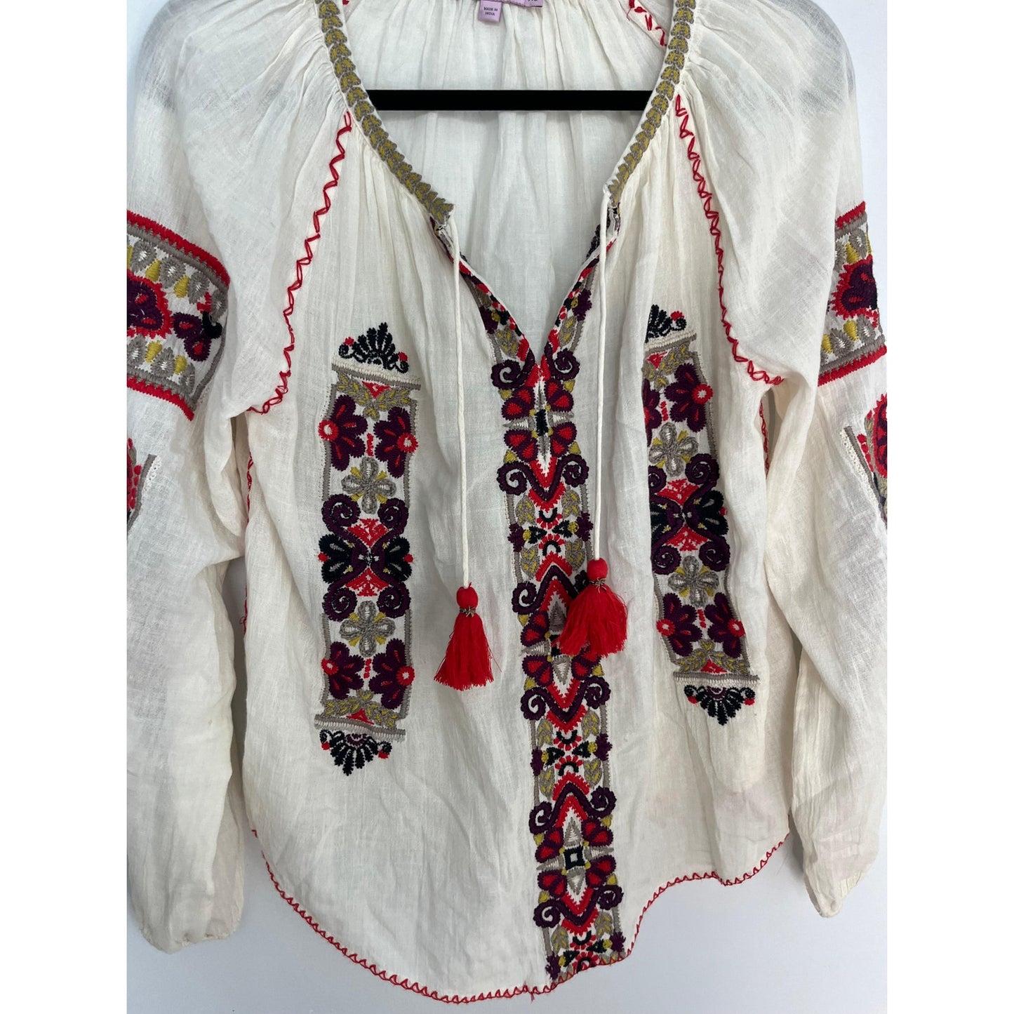 Calypso St Barth Embroidered Boho Blouse Women XS Cream Red Peasant Top