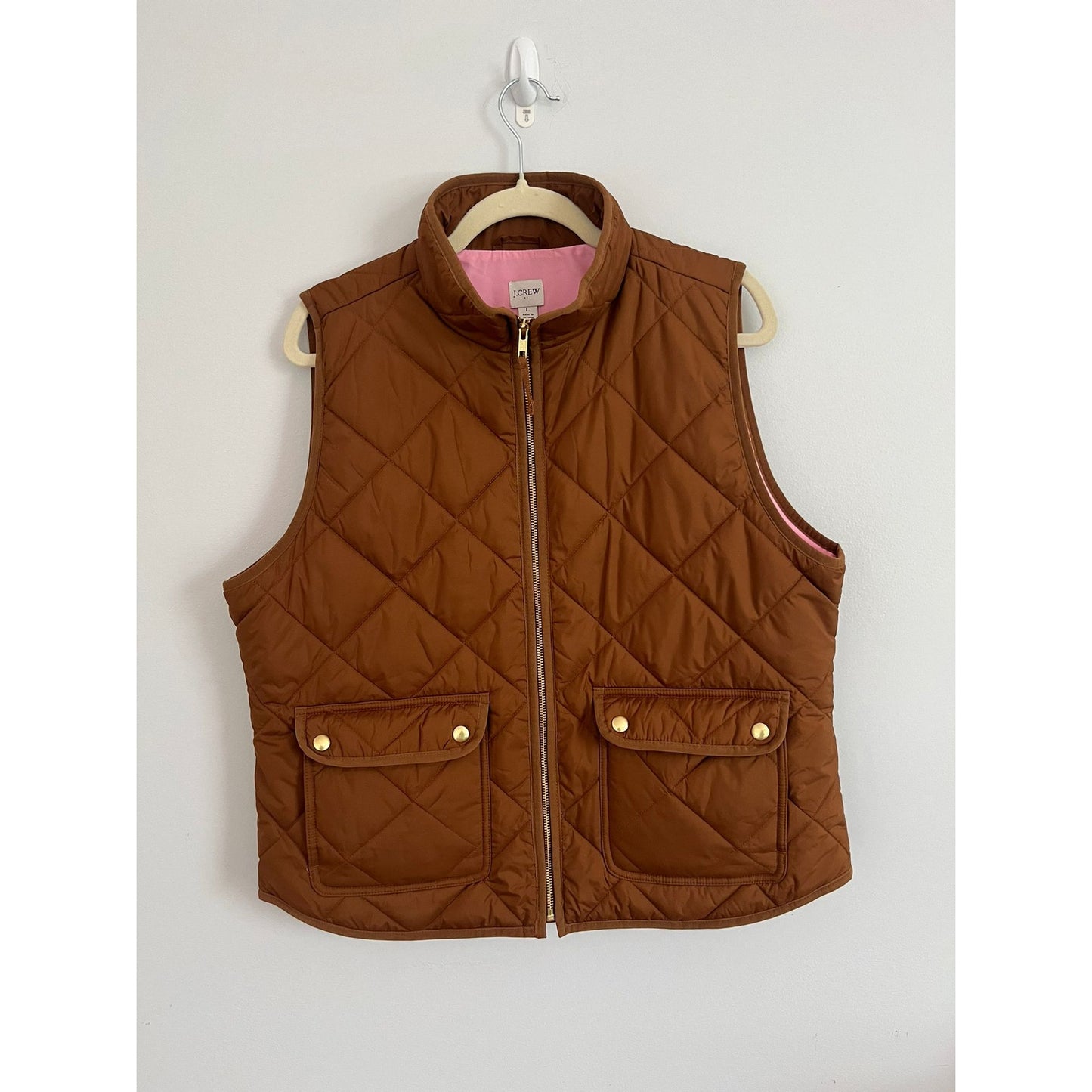 J.Crew Quilted Vest Womens Large Brown Puffer Sleeveless Zip Gold Snap Outdoor