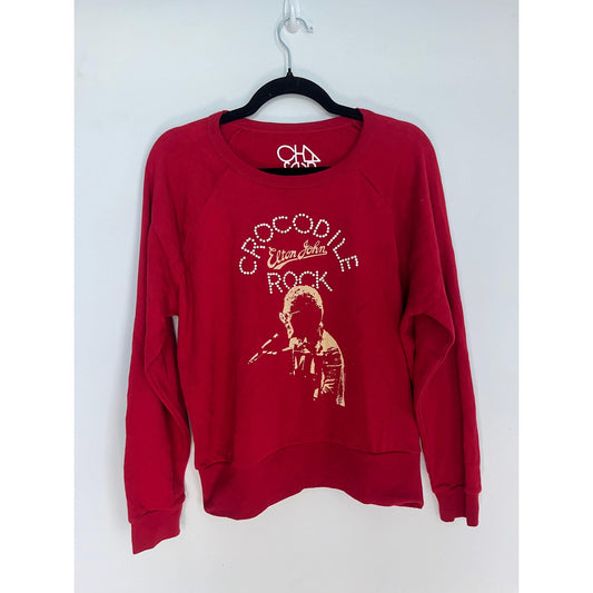 Chaser Elton John Crocodile Rock Sweatshirt Women M Red Graphic Pullover