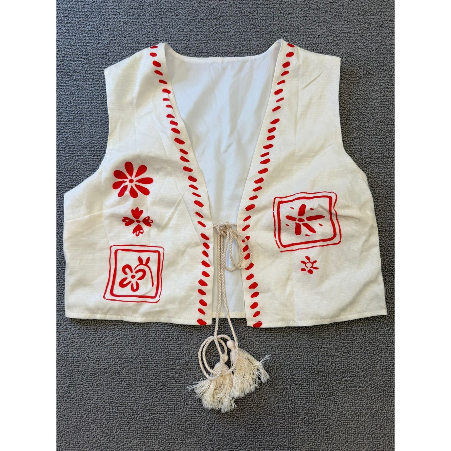 White Red Patterned Co Ord Set Womens Small Vest Wide Leg Pants Polyester