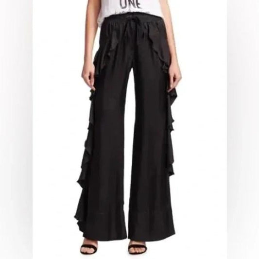 CINQ À SEPT Women's 57a Larkin Ruffle Satin Wide Leg Pants Small Black