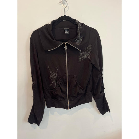 Diesel Zip Hoodie Women L Tattoo Swallow Embroidery Black Vintage