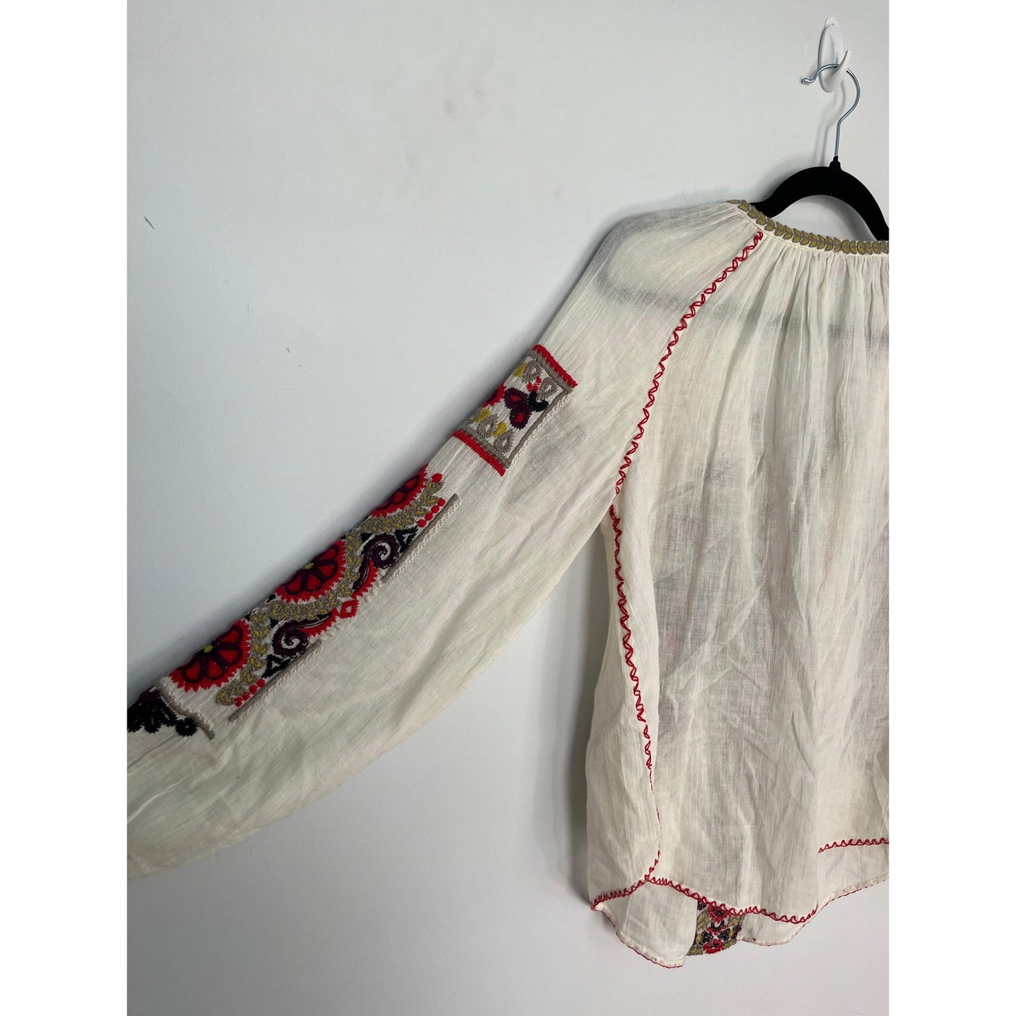 Calypso St Barth Embroidered Boho Blouse Women XS Cream Red Peasant Top