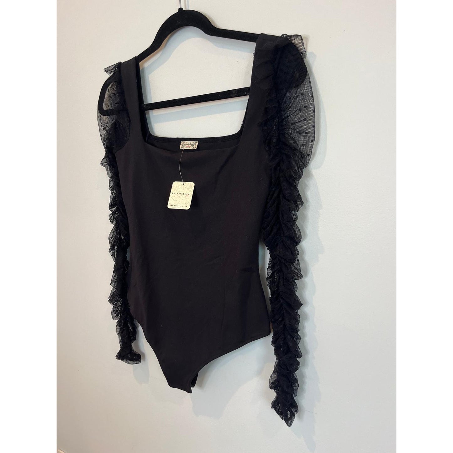 Free People Bodysuit Women S Black Mesh Ruffle Sleeve Sheer Tulle Trim
