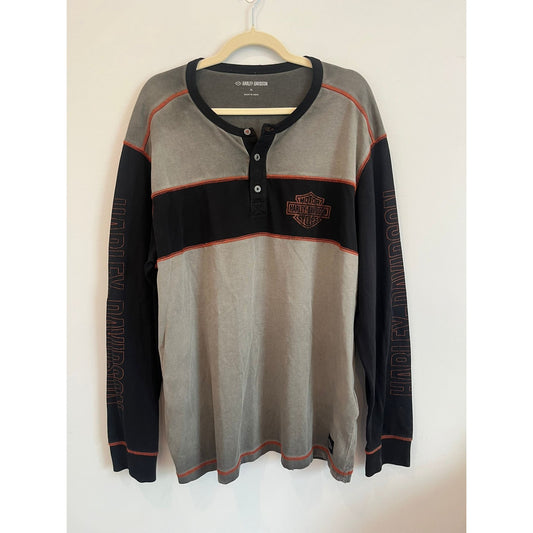 Harley Davidson Henley Shirt Men XL Gray Black Long Sleeve Logo Vintage Style