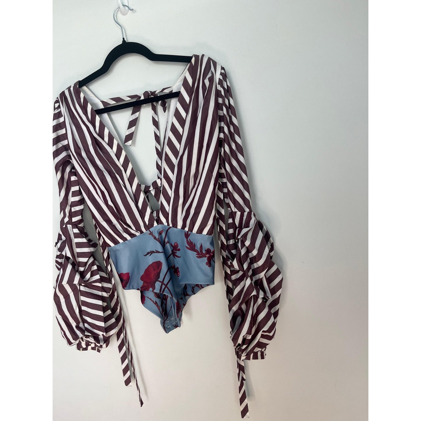 Johanna Ortiz Tie Back Blouse Women 0 Ruffle Sleeve Stripe Floral