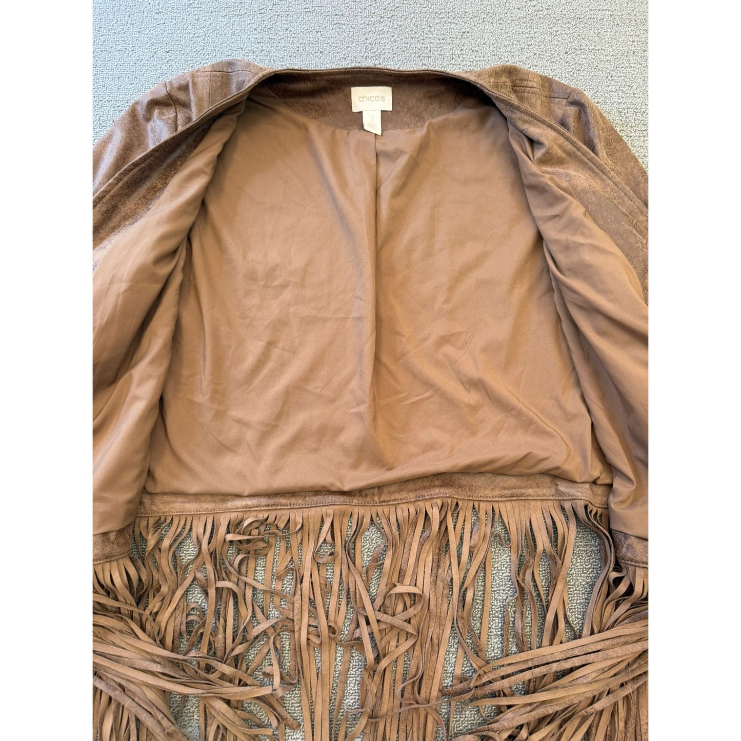 Chicos Womens Size 3 Faux Suede Fringe Jacket Brown Bohemian Style Cardigan