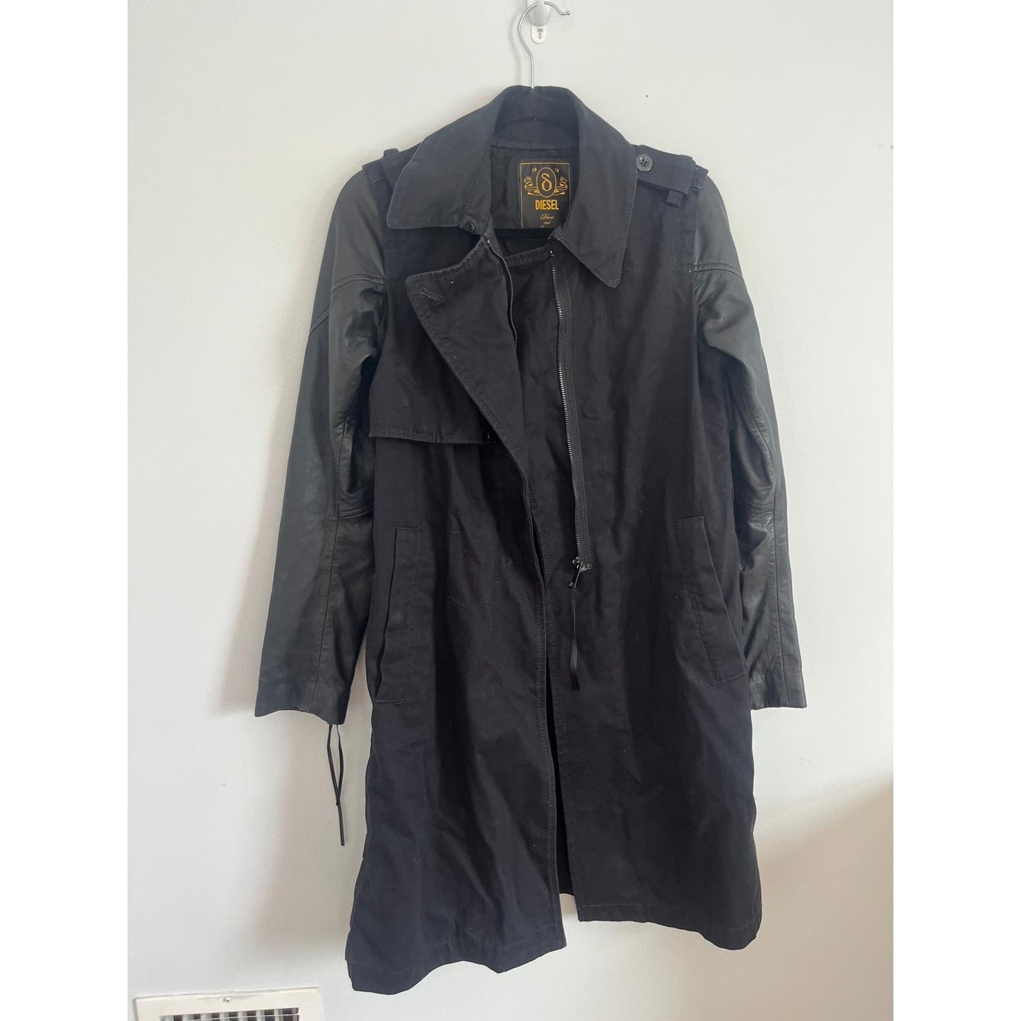 Diesel Trench Coat Female L Black Mixed Media Leather Sleeve Jacket
