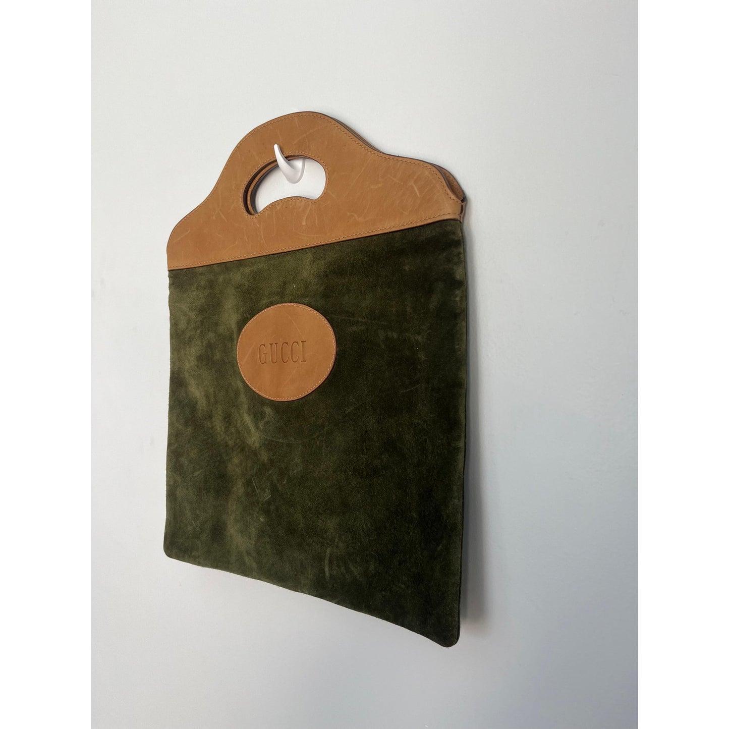 Gucci Suede Tote Bag Women Green Brown Vintage Logo Cutout Handle