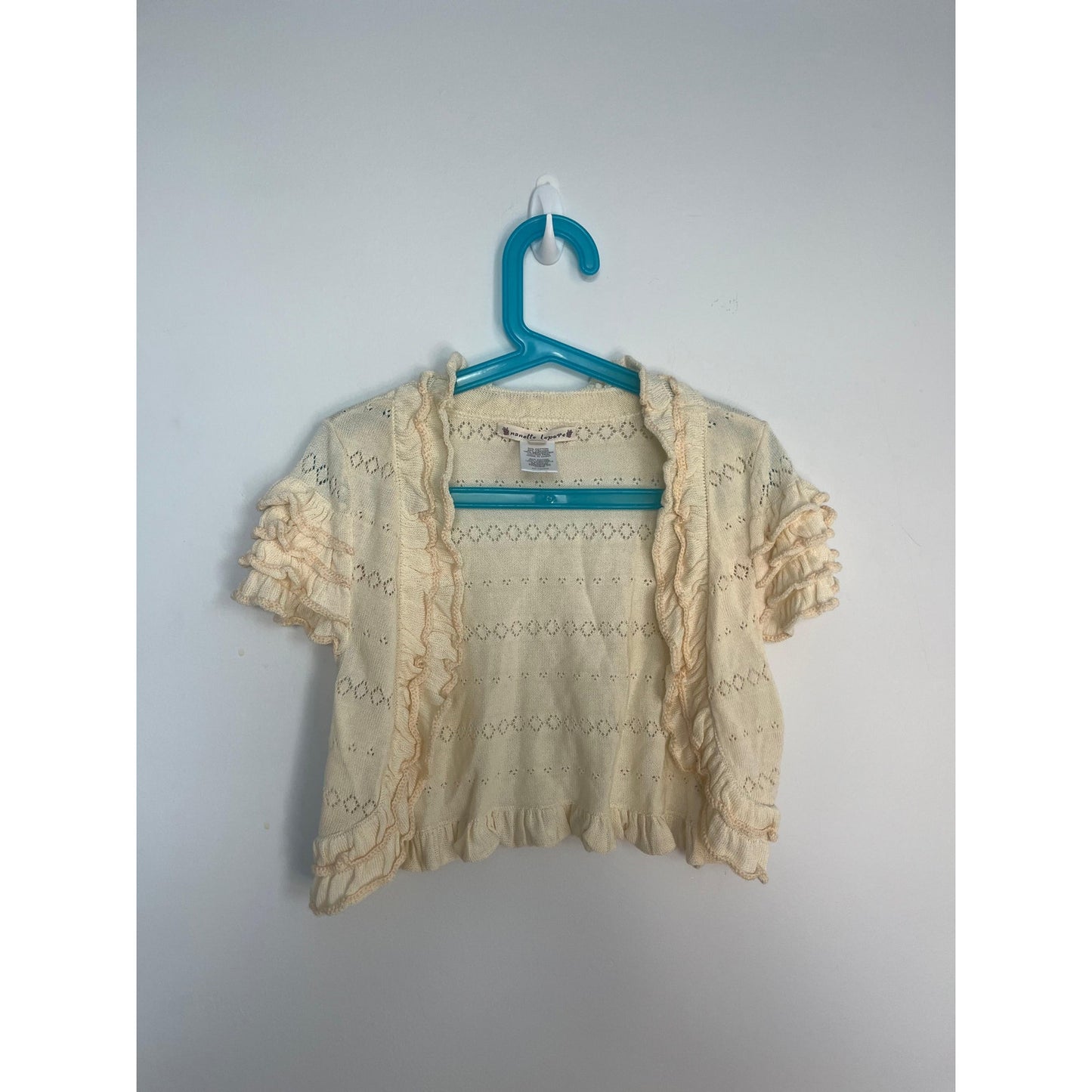 Nanette Lepore Ruffle Knit Shrug Cardigan Women XS Cream Eyelet Cropped Boho