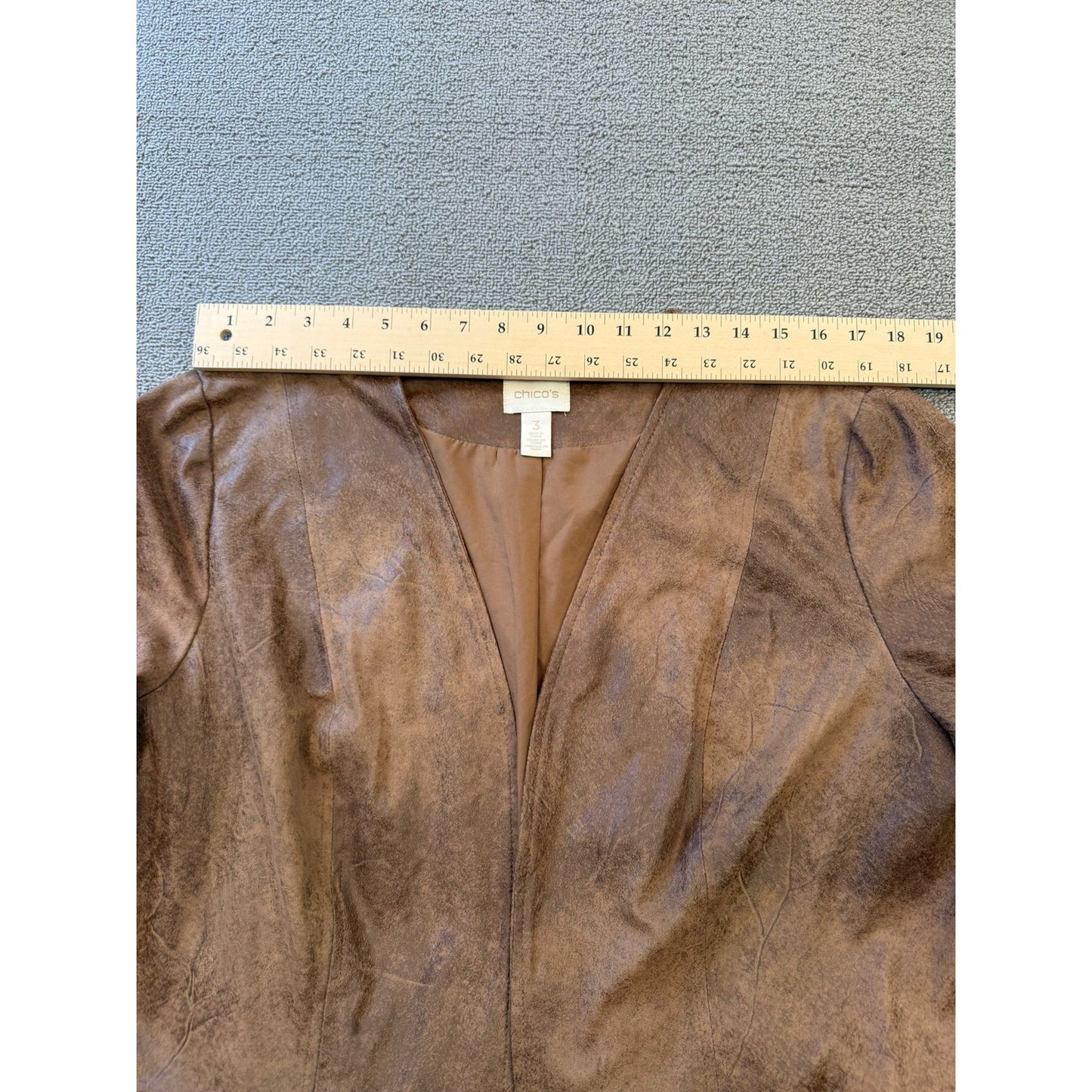 Chicos Womens Size 3 Faux Suede Fringe Jacket Brown Bohemian Style Cardigan