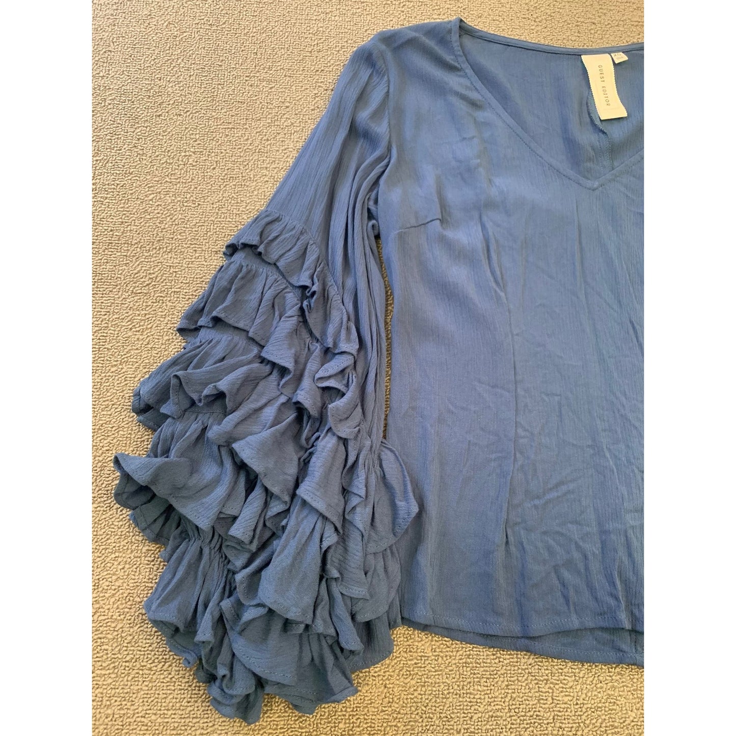 Guest Editor Women's XS  Blouse Top Blue Tiered Frill Sleeve Rayon Crepe