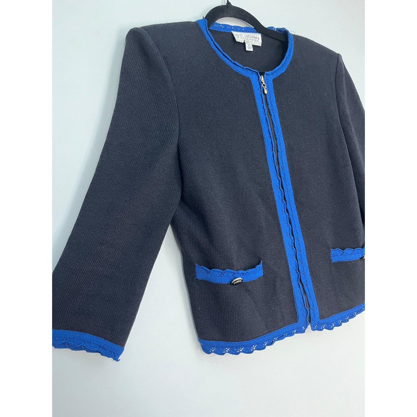 St John Collection Knit Blazer Jacket Women 4 Navy Blue Contrast Trim Zip