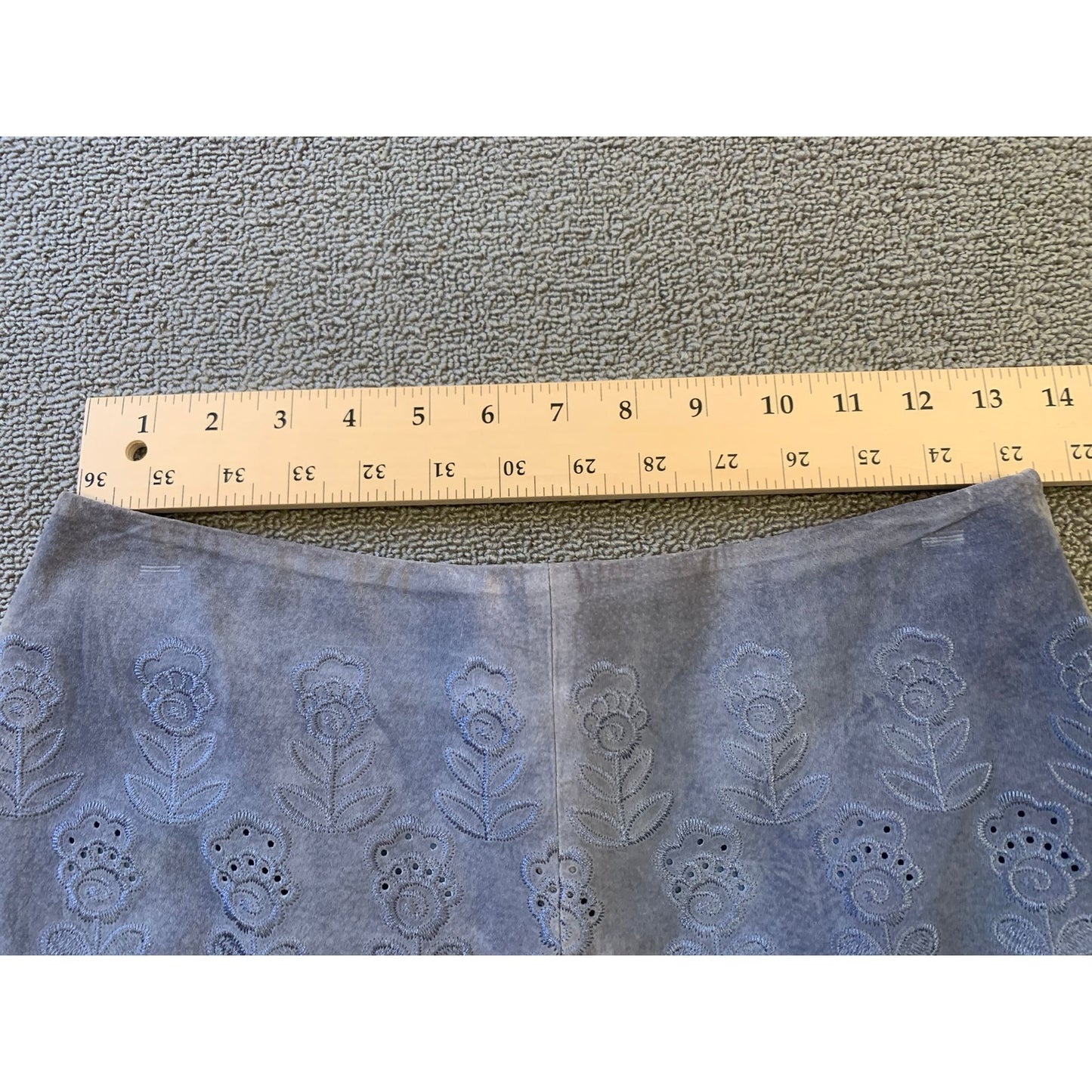 INTERMIX Women's Suede Shorts S Blue Floral Laser Cut Scalloped Hem High Waist