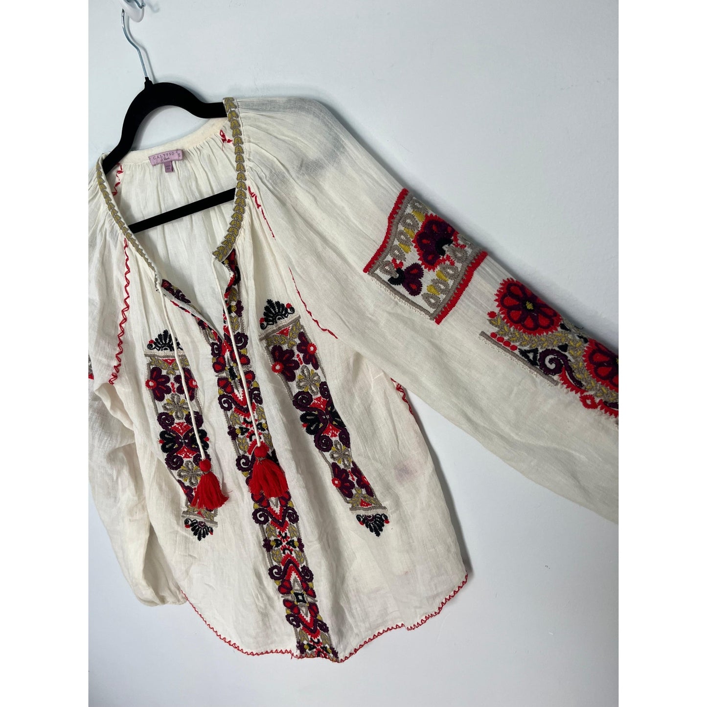 Calypso St Barth Embroidered Boho Blouse Women XS Cream Red Peasant Top