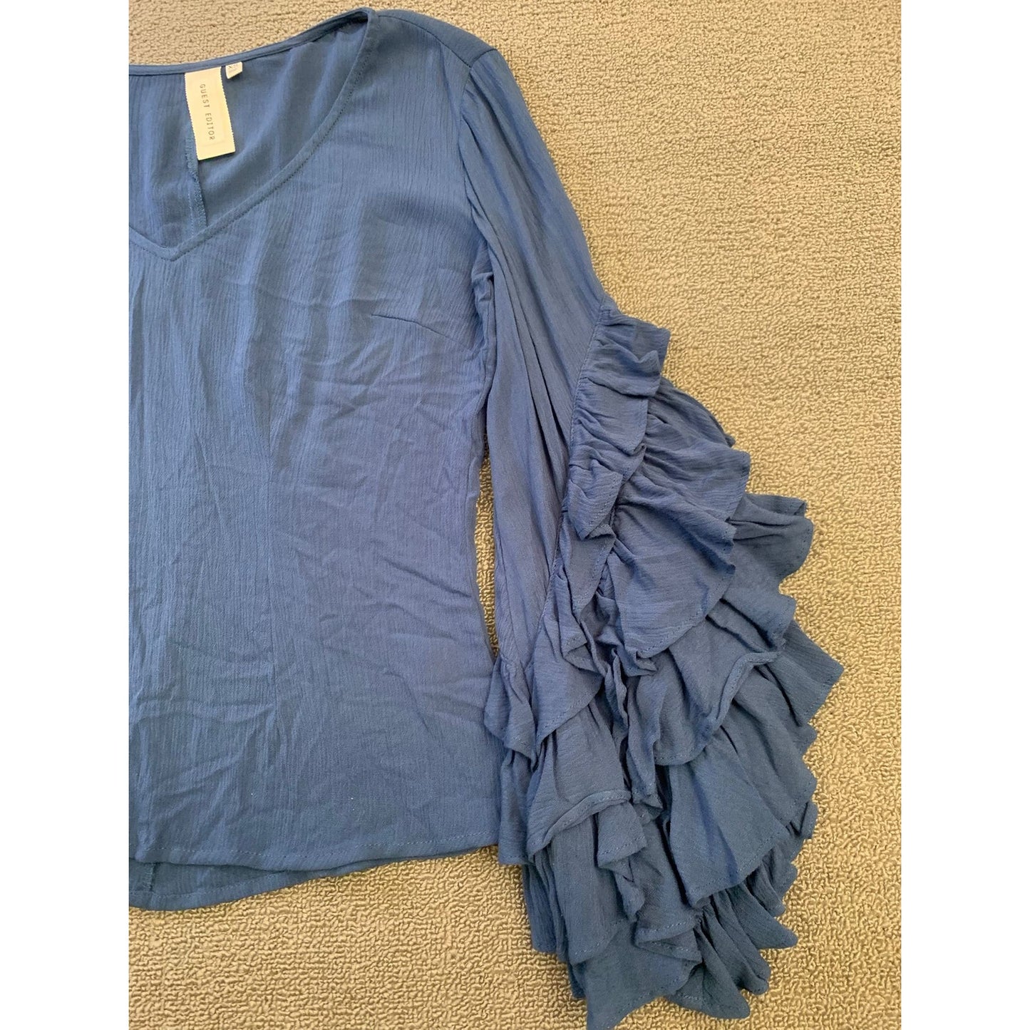 Guest Editor Women's XS  Blouse Top Blue Tiered Frill Sleeve Rayon Crepe