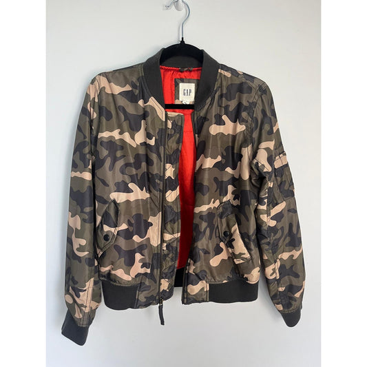 GAP Camo Bomber Jacket Women Small Reversible Red Lining Lightweight