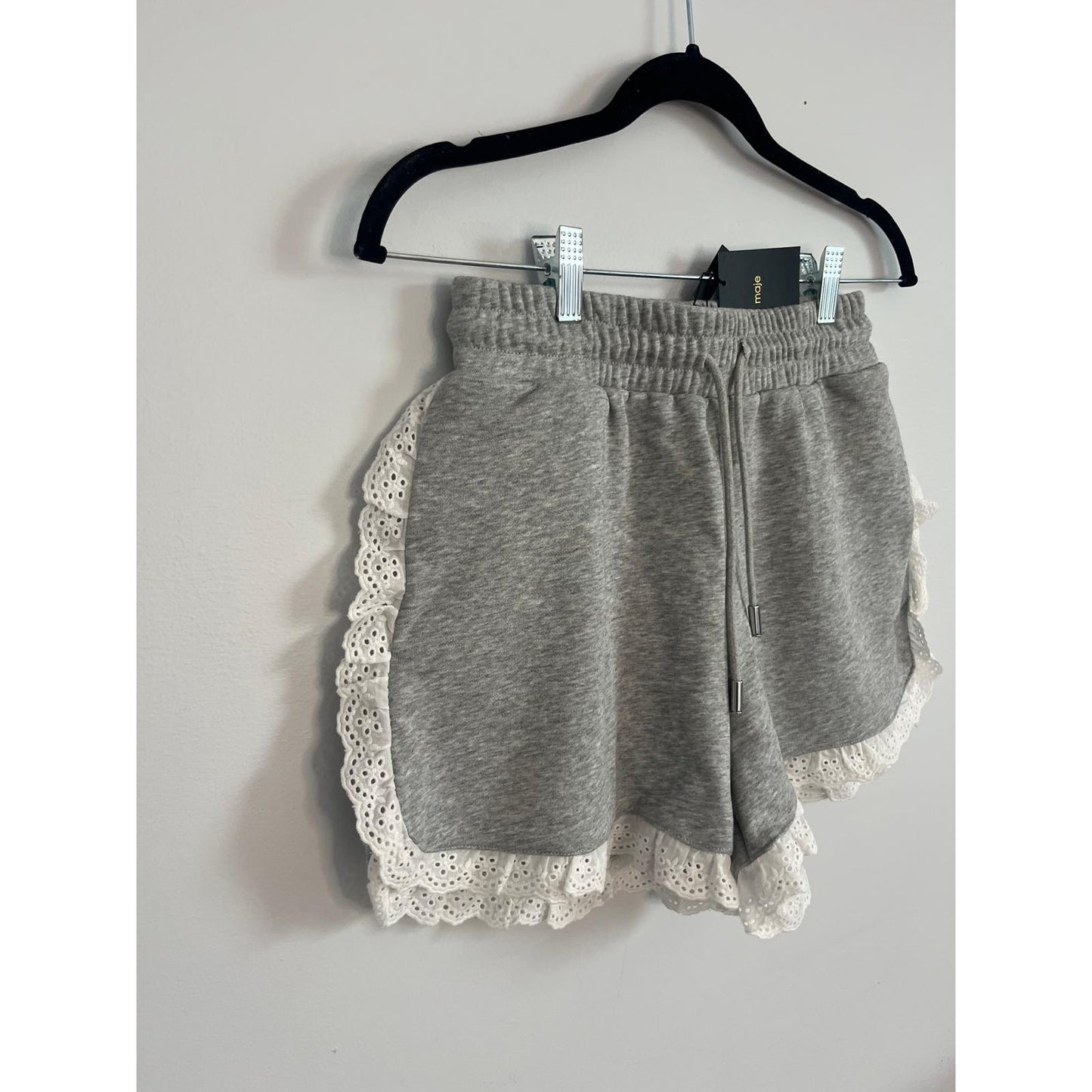 Maje Eyelet Trim Sweat Shorts Women 36 Gray White Ruffle Hem Lounge