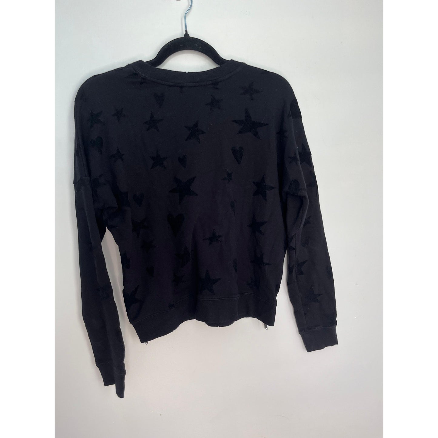 Rails Star Heart Print Sweatshirt Women XS Black Crewneck Pullover Zipper Hem