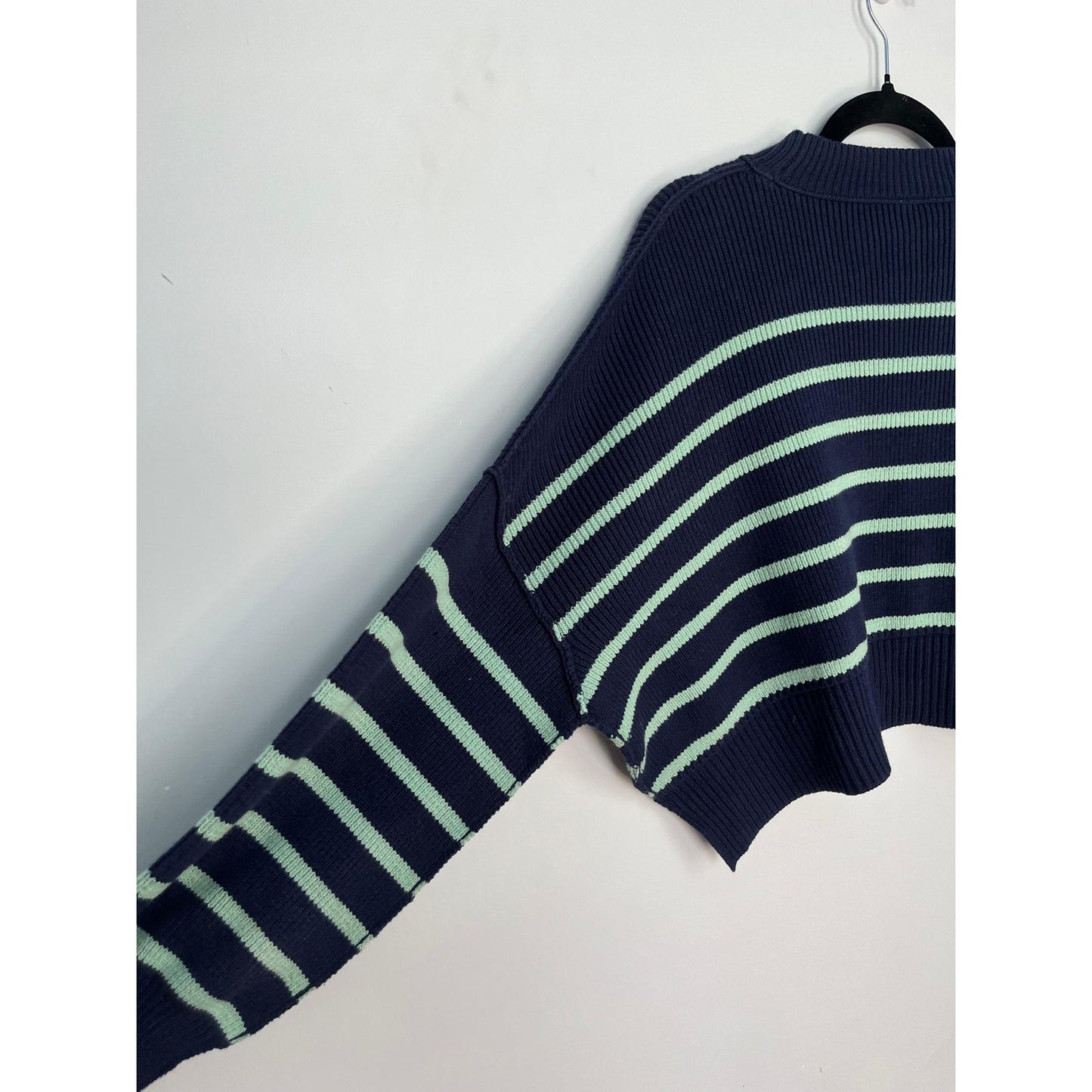 Free People Stripe Knit Cropped Sweater Women S Navy Green Pullover Boxy Fit
