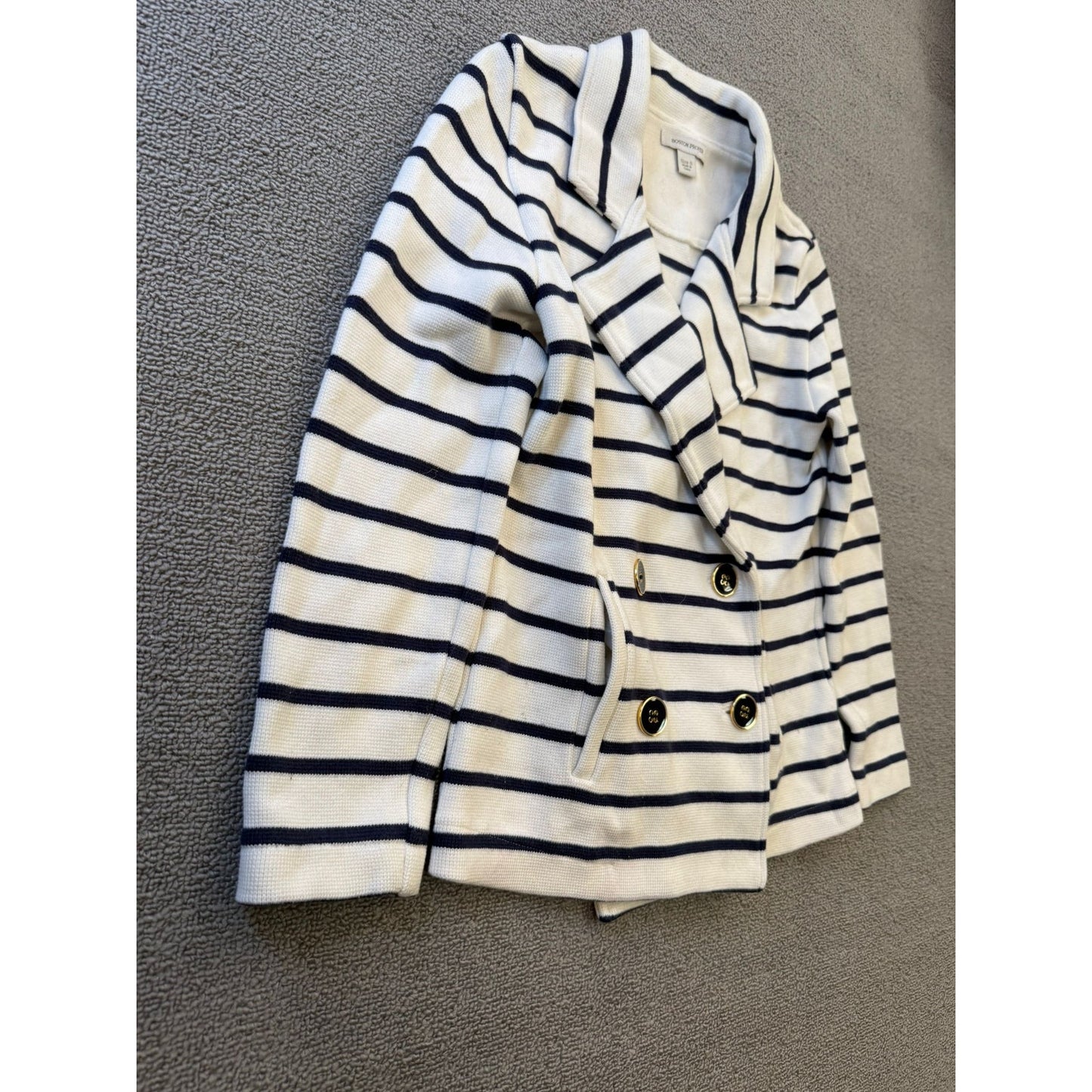 Boston Proper Women's Small White Black Striped Double Breasted Sweater Jacket