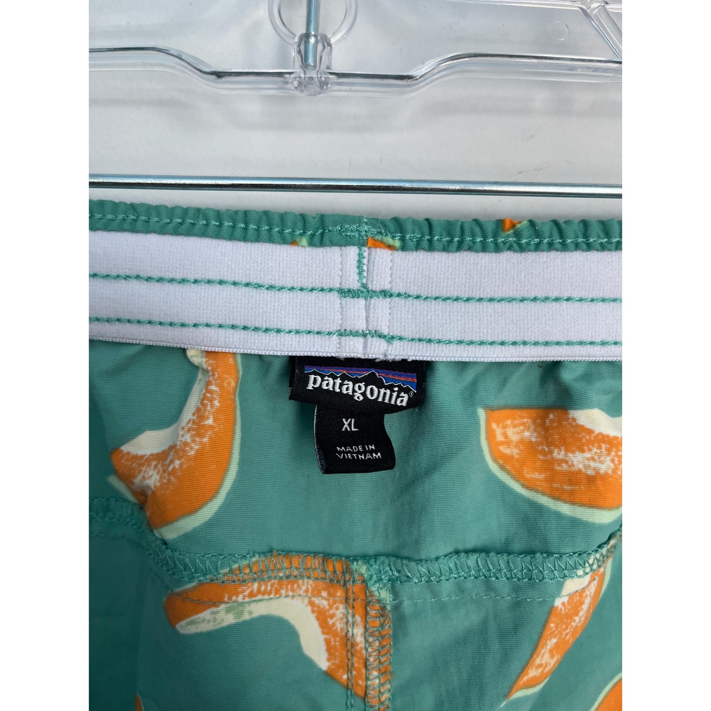 Patagonia Swim Trunks Women XL Green Orange Fruit Print Board Shorts