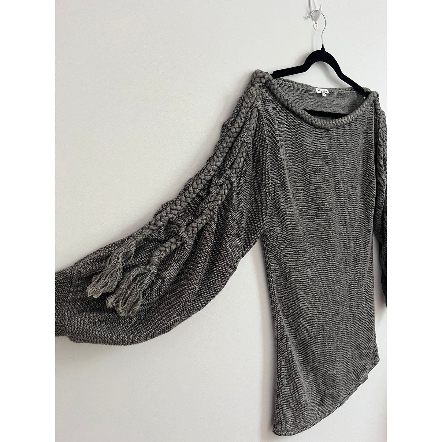 Foley + Corinna Sweater Women S Gray Knit Boatneck Braided Sleeve Boho Pullover