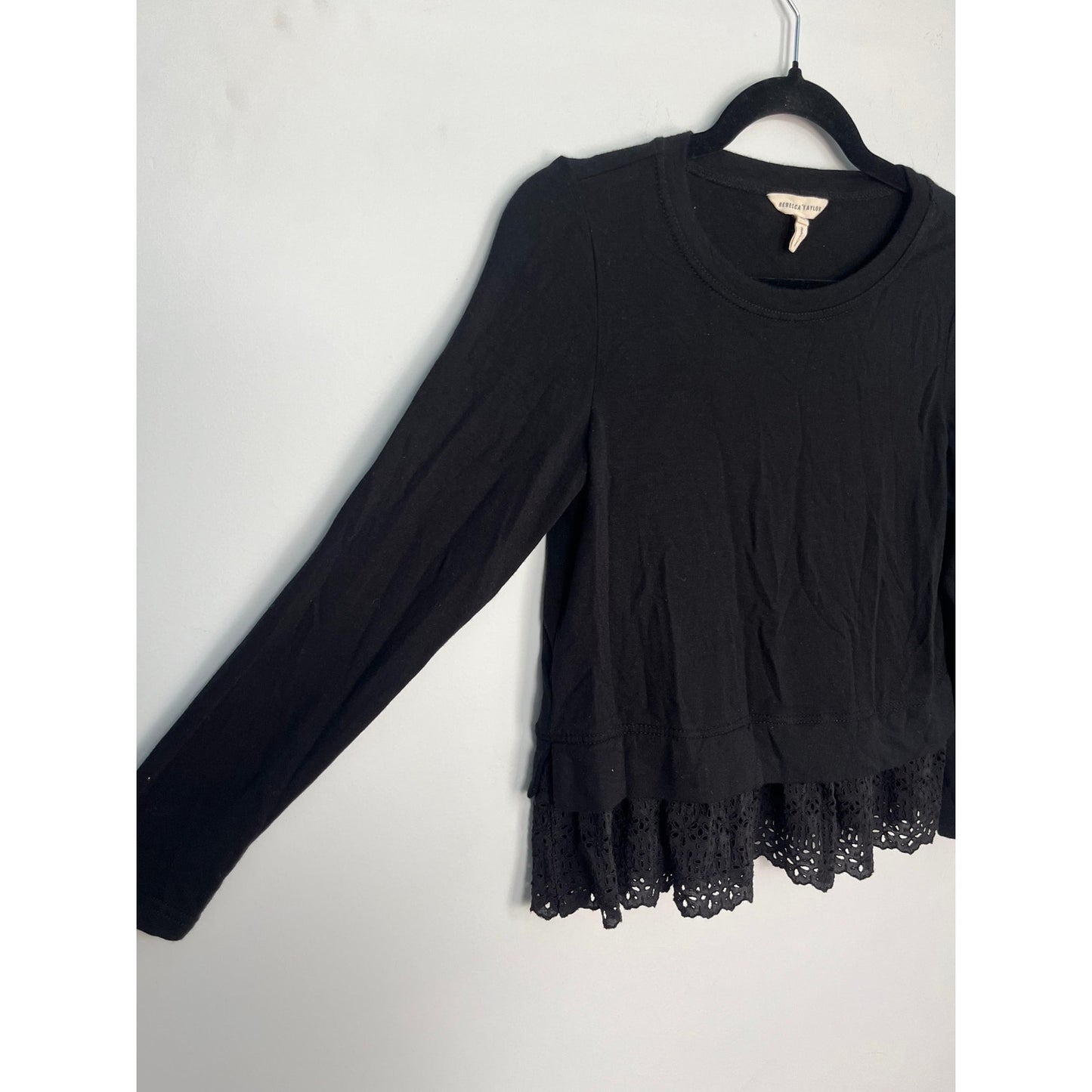 Rebecca Taylor Black Peplum Hem Top Women XS Eyelet Ruffle Long Sleeve
