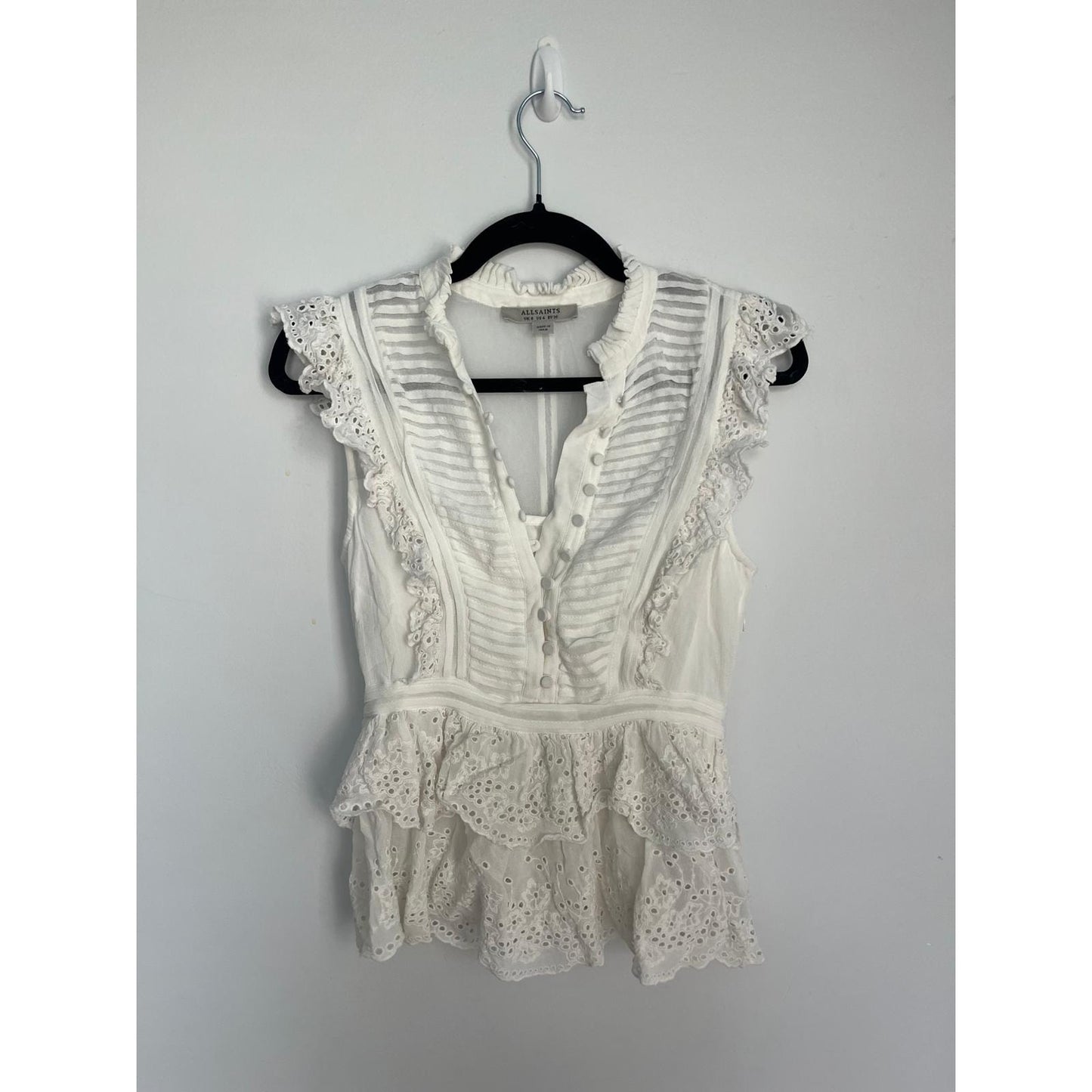 AllSaints Eyelet Ruffle Sleeveless Blouse Women 4 White Boho Peplum Top
