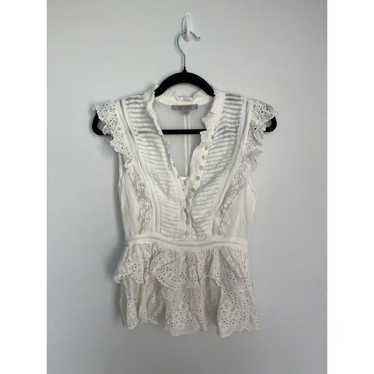AllSaints Eyelet Ruffle Sleeveless Blouse Women 4 White Boho Peplum Top