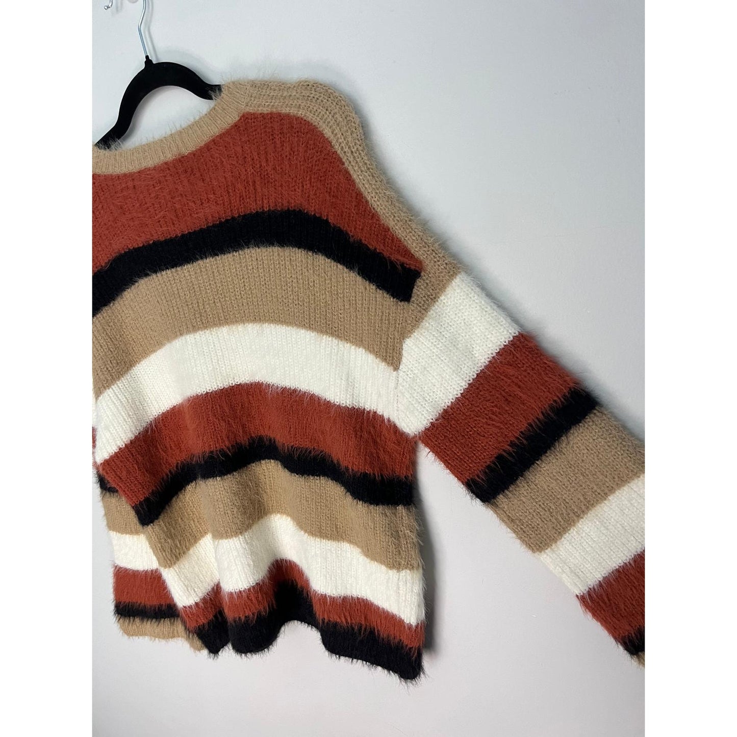Fashion On Earth Striped Fuzzy Sweater Women S Multicolor Soft Knit Pullover