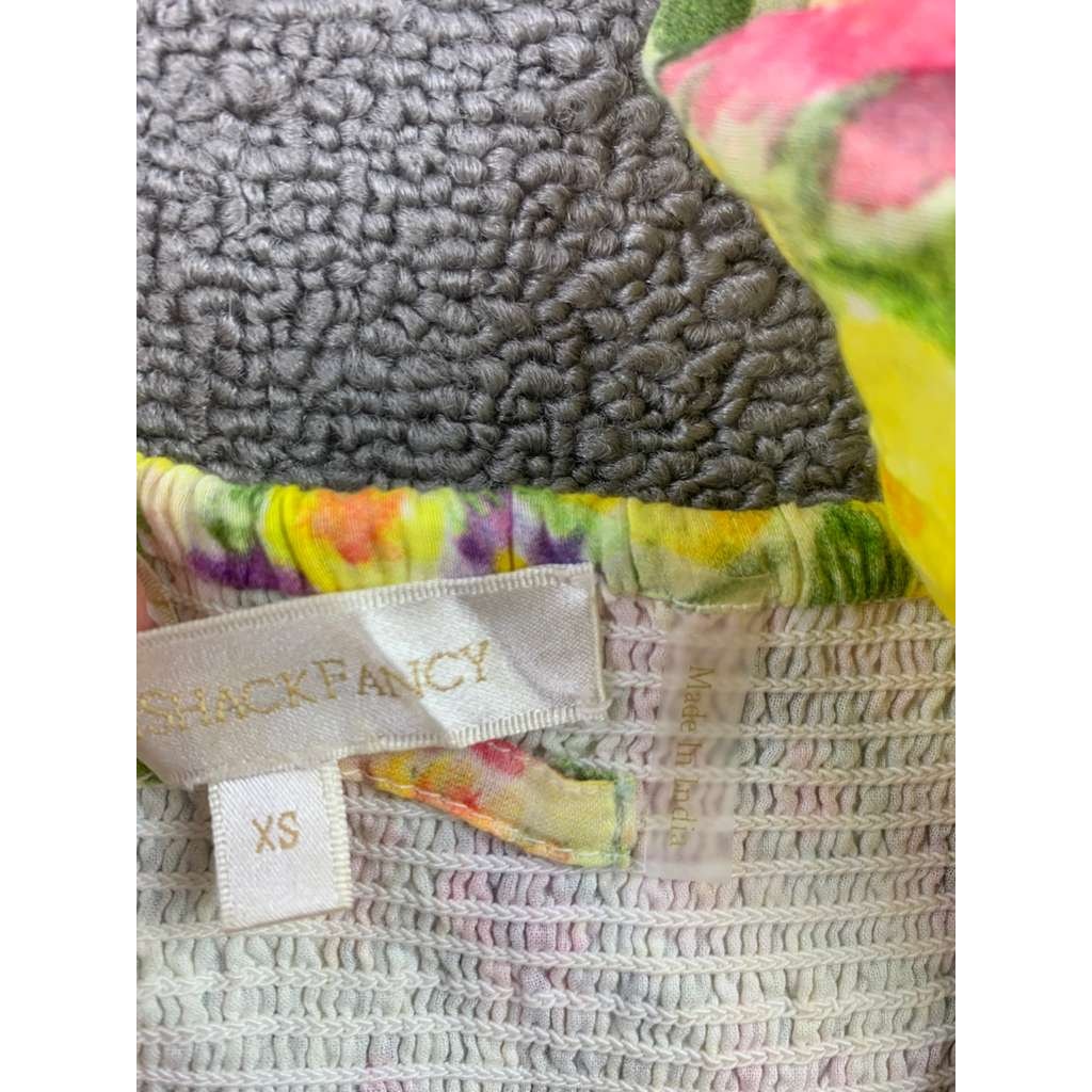 Love Shack Fancy Floral Dress Women XS Yellow Puff Sleeve Smocked Tiered Eyelet