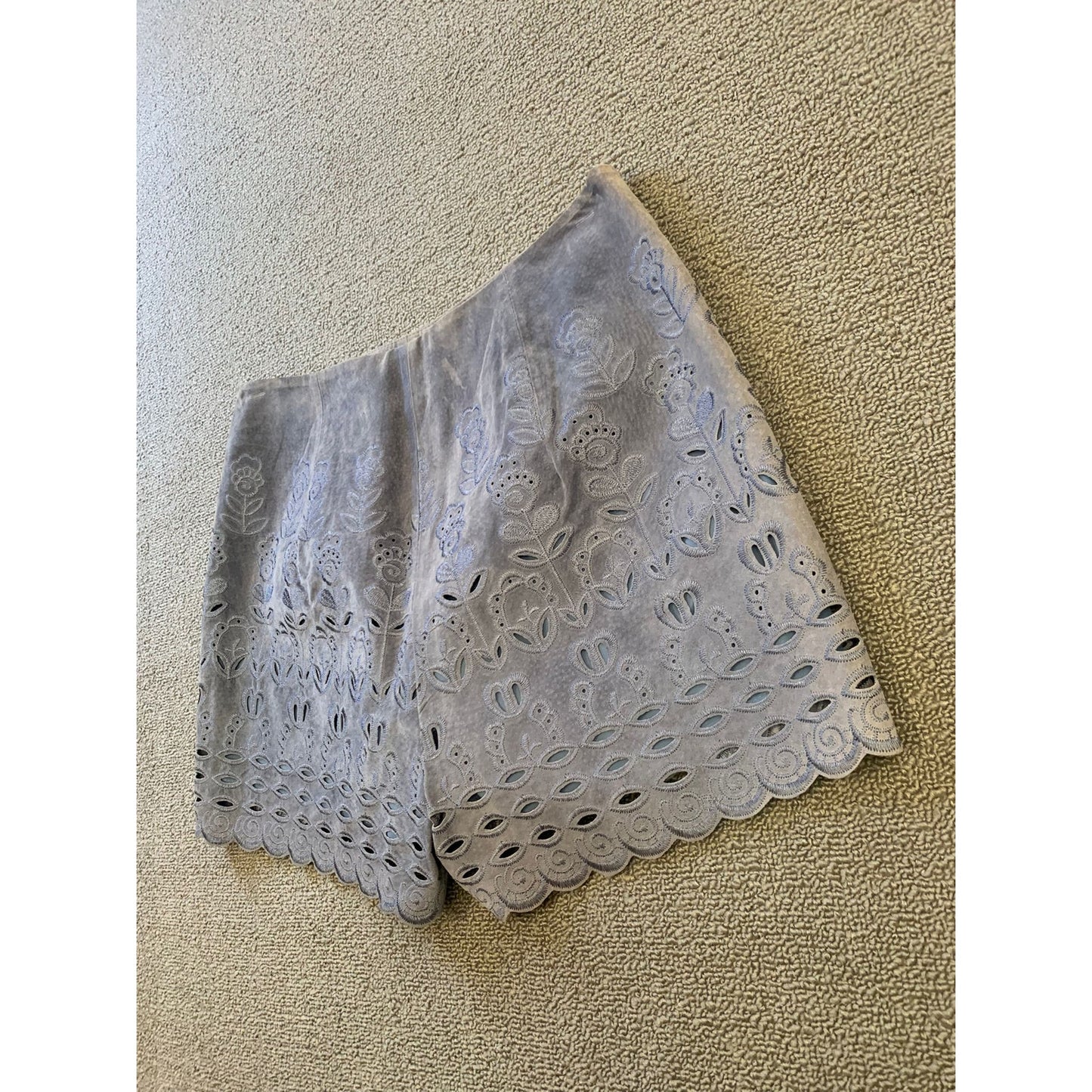 INTERMIX Women's Suede Shorts S Blue Floral Laser Cut Scalloped Hem High Waist