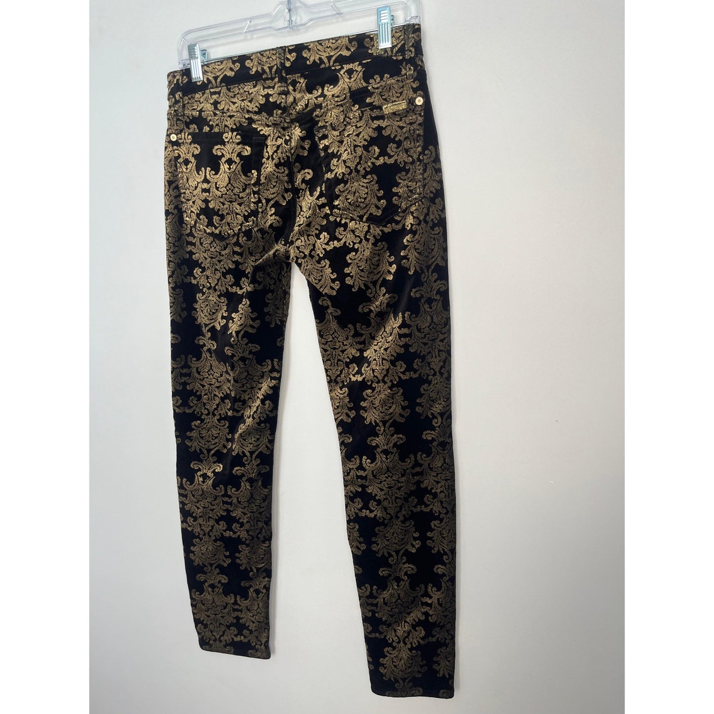 7 For All Mankind Velvet Pants Women 27 Black Gold Baroque Skinny Stretch
