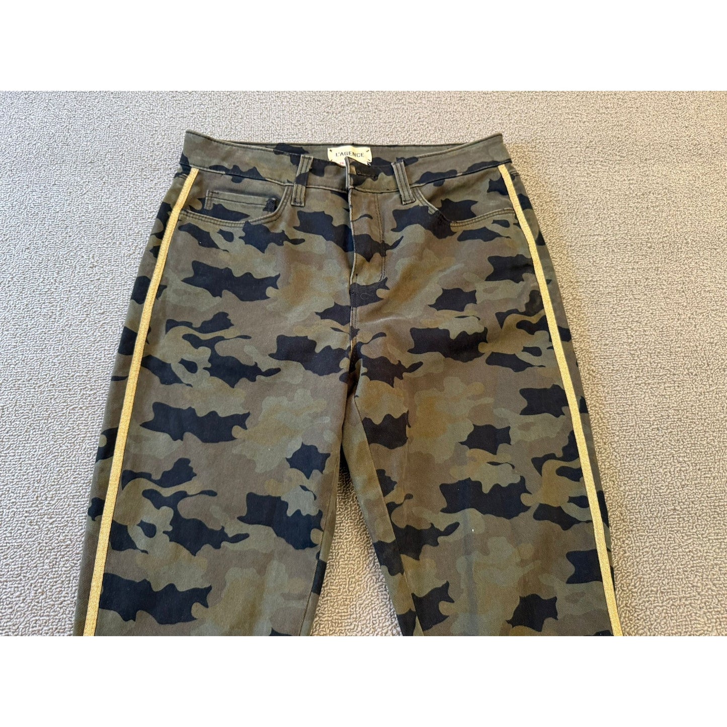 L'AGENCE Women's Camouflage Skinny Jeans 26 Green Black Yellow Side Stripe