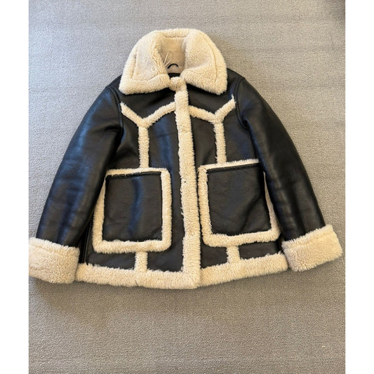 MNG Mango Women's XS Black Faux Leather Shearling Bomber Biker Jacket Warm Coat