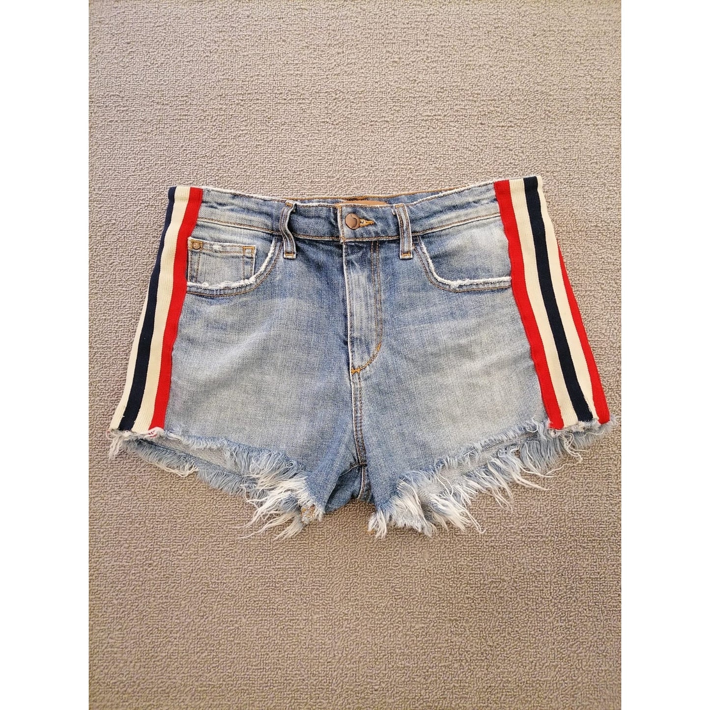 Joe’s Women’s 29 Denim Cutoff Shorts – Blue Hem with Red White Side Stripes