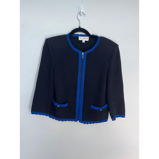 St John Collection Knit Blazer Jacket Women 4 Navy Blue Contrast Trim Zip