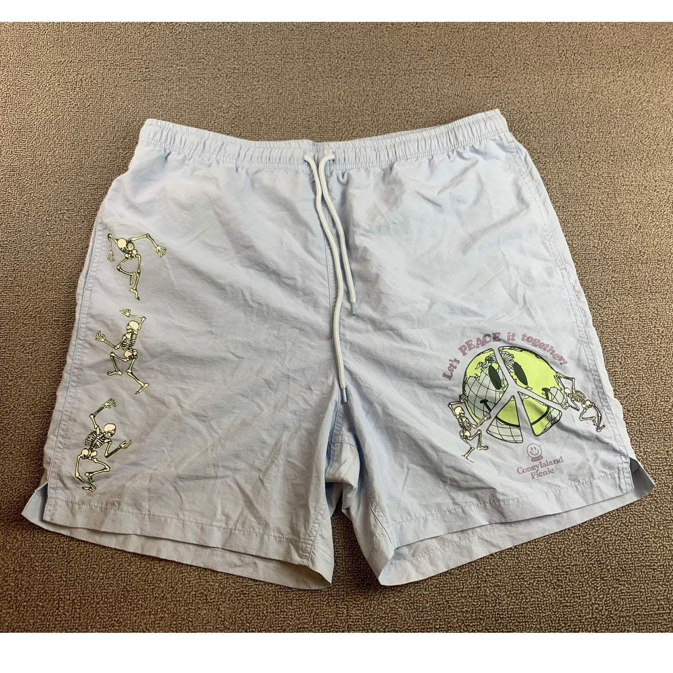 Coney Island Picnic LET'S PEACE IT TOGETHER Nylon Blue Shorts - Size Large