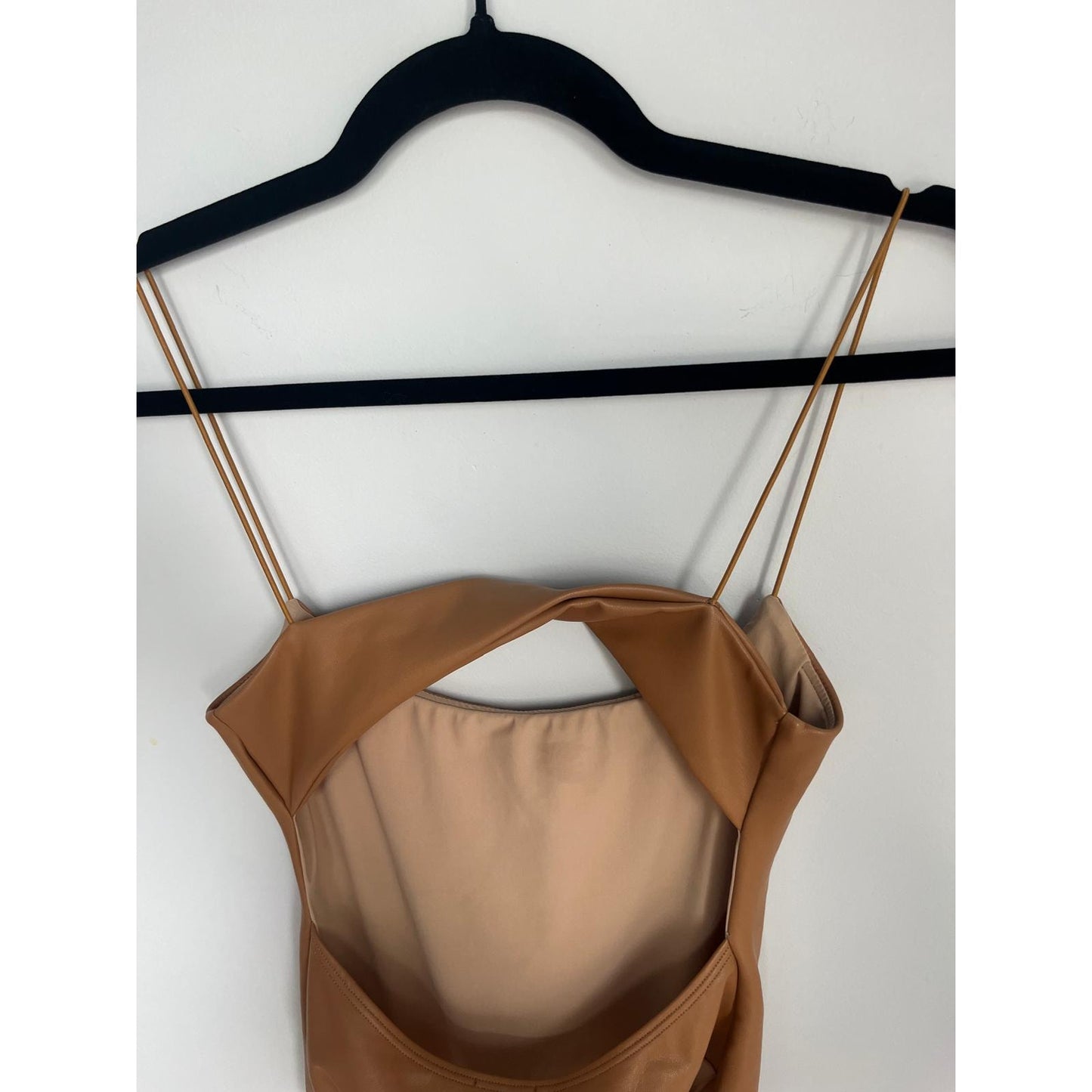 Alix NYC Faux Leather Bodysuit Women XS Cutout Spaghetti Strap Tan